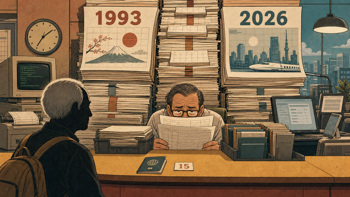 Ilustración editorial retro de un viajero anciano anónimo frente a un funcionario de inmigración agotado, separados por papeleo acumulado entre 1993 y 2026.